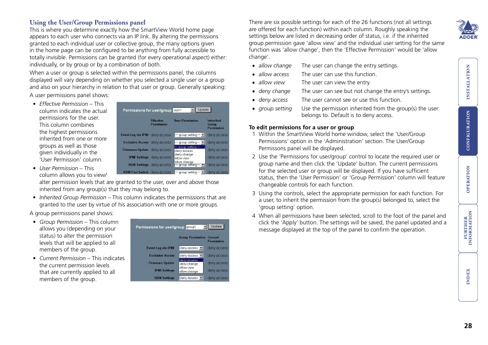 Using the user/group permissions panel, User/group permissions | Adder Technology Switch User Manual | Page 29 / 70