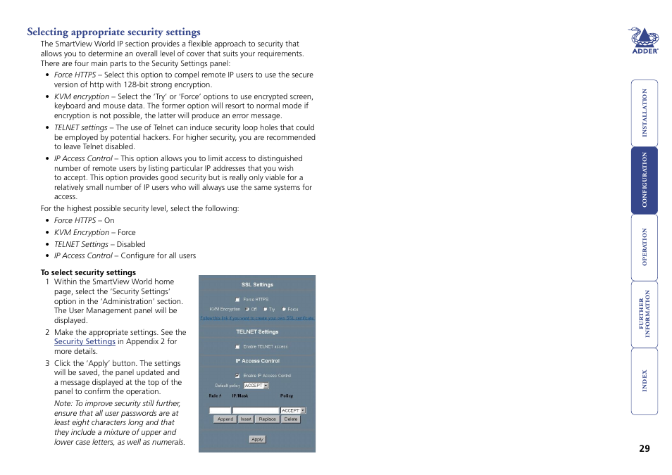 Selecting appropriate security settings | Adder Technology Switch User Manual | Page 30 / 70