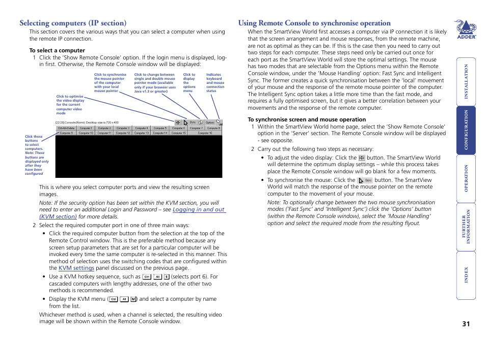 Selecting computers (ip section), Using remote console to synchronise operation, 31 using remote console to synchronise operation | Adder Technology Switch User Manual | Page 32 / 70