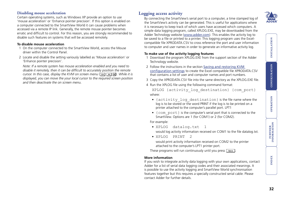 Disabling mouse acceleration, Logging access activity | Adder Technology Switch User Manual | Page 33 / 70