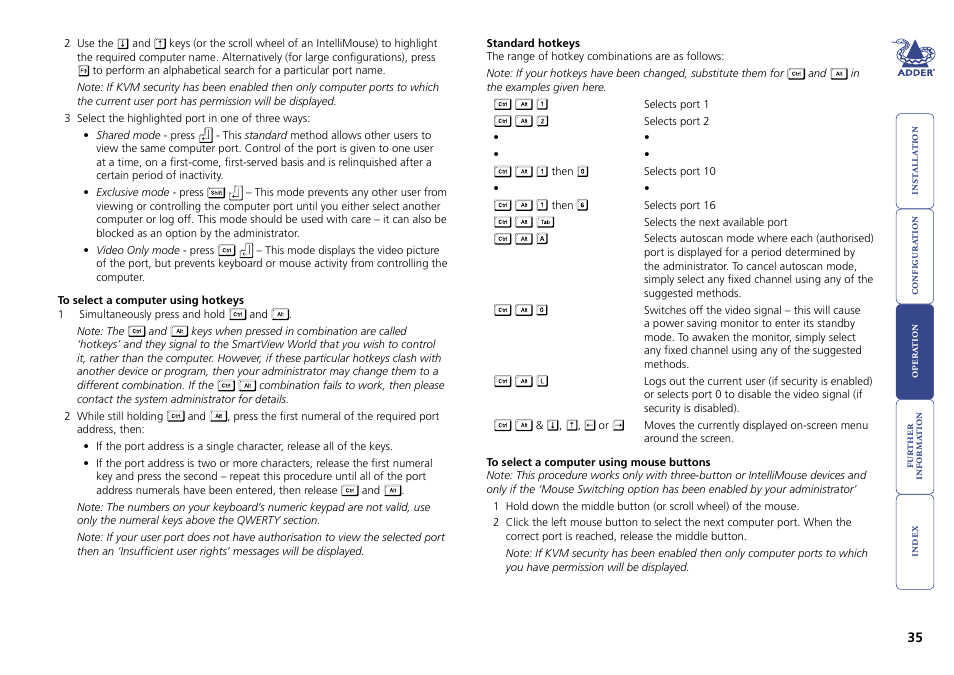 Using hotkeys, Using mouse buttons | Adder Technology Switch User Manual | Page 36 / 70