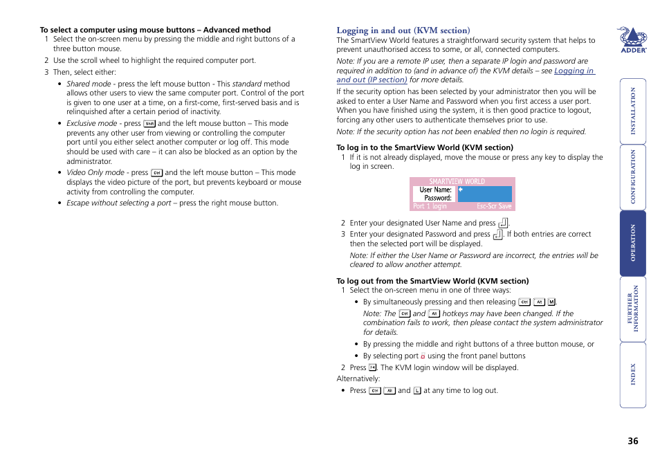 Logging in and out (kvm section), Logging in and out, Kvm section) | For more details | Adder Technology Switch User Manual | Page 37 / 70