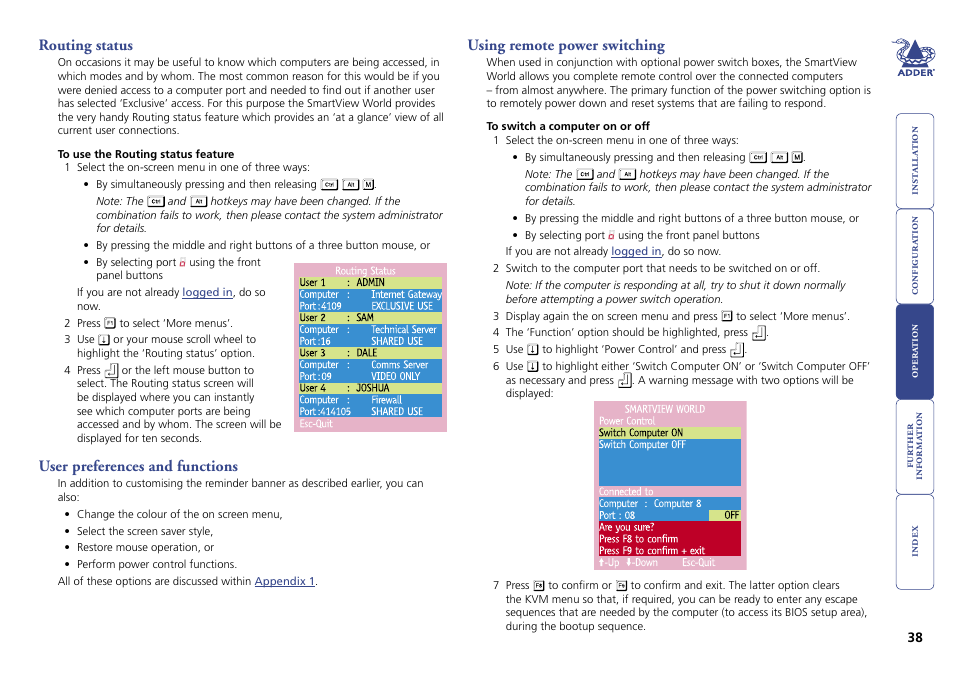 Routing status, User preferences and functions, Using remote power switching | 38 user preferences and functions, 38 using remote power switching, Operate remote power switching, E, see, Using remote power, Switching | Adder Technology Switch User Manual | Page 39 / 70