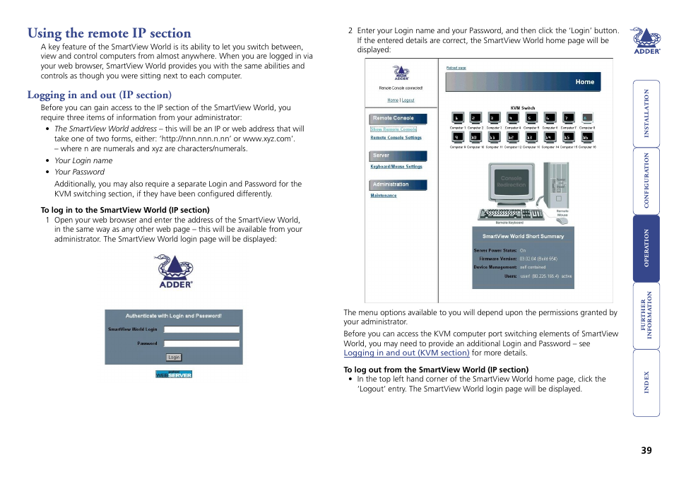 Using the remote ip section, Logging in and out (ip section), Logging in | And out (ip section), For more details | Adder Technology Switch User Manual | Page 40 / 70