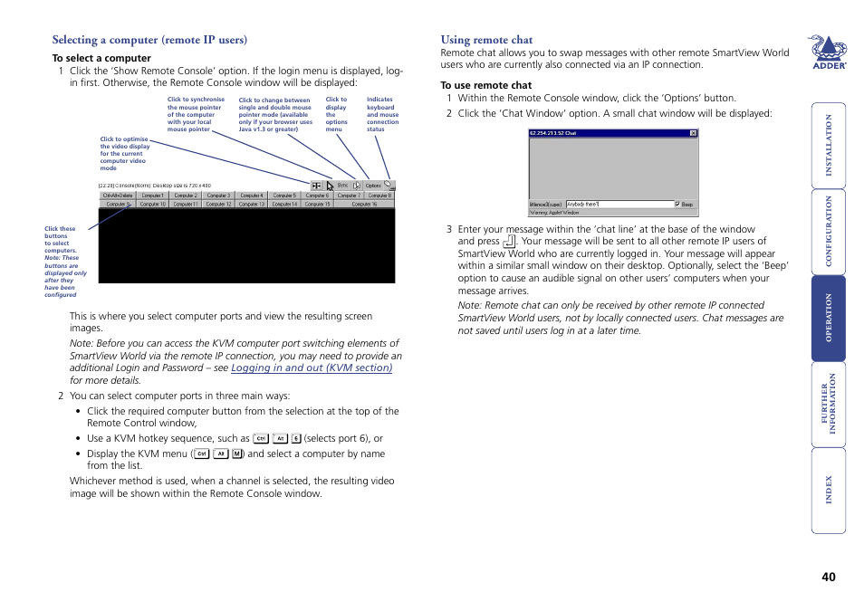 Selecting a computer (remote ip users), Using remote chat, 40 using remote chat | Adder Technology Switch User Manual | Page 41 / 70