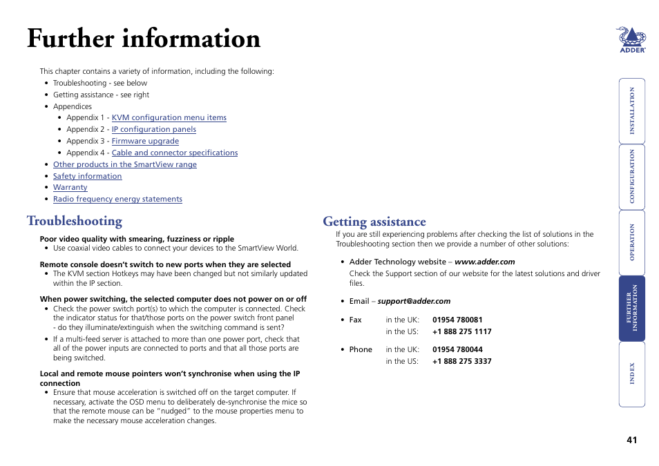 Further information, Troubleshooting, Getting assistance | 41 getting assistance | Adder Technology Switch User Manual | Page 42 / 70