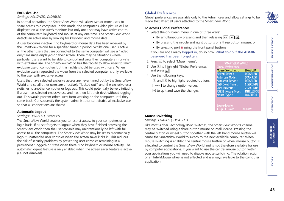 Global preferences | Adder Technology Switch User Manual | Page 44 / 70