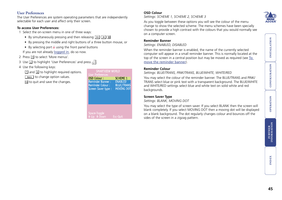 User preferences | Adder Technology Switch User Manual | Page 46 / 70