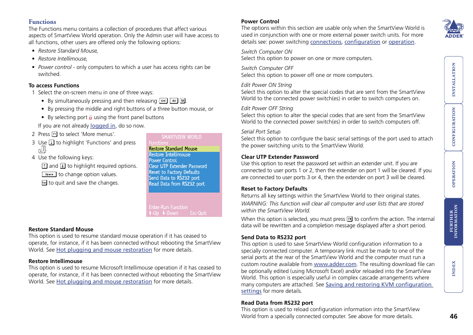 Functions | Adder Technology Switch User Manual | Page 47 / 70
