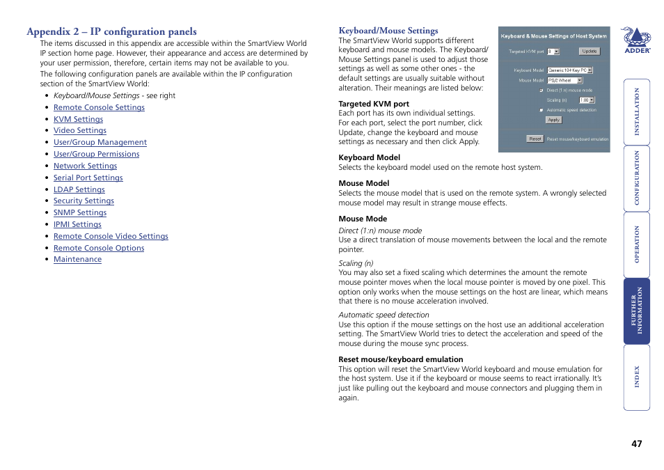 Appendix 2 – ip configuration panels, Keyboard/mouse settings, Ip configuration panels | Adder Technology Switch User Manual | Page 48 / 70