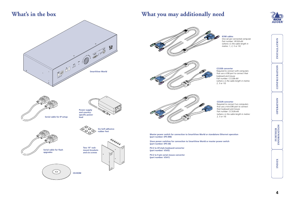 What’s in the box, What you may additionally need, 4 what you may additionally need | What’s in the box what you may additionally need | Adder Technology Switch User Manual | Page 5 / 70