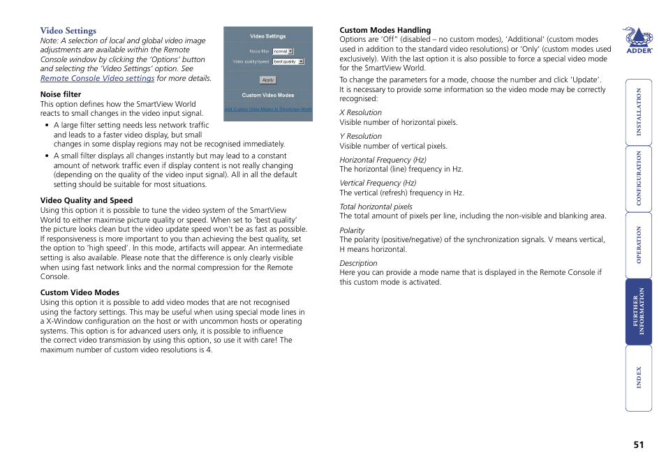 Video settings | Adder Technology Switch User Manual | Page 52 / 70