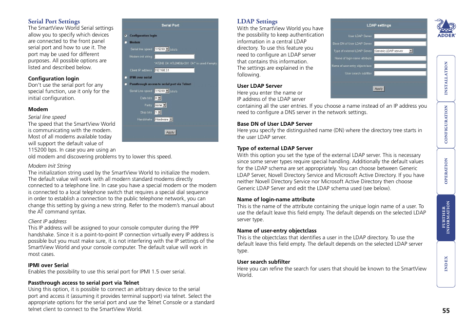 Serial port settings, Ldap settings, 55 ldap settings | Adder Technology Switch User Manual | Page 56 / 70