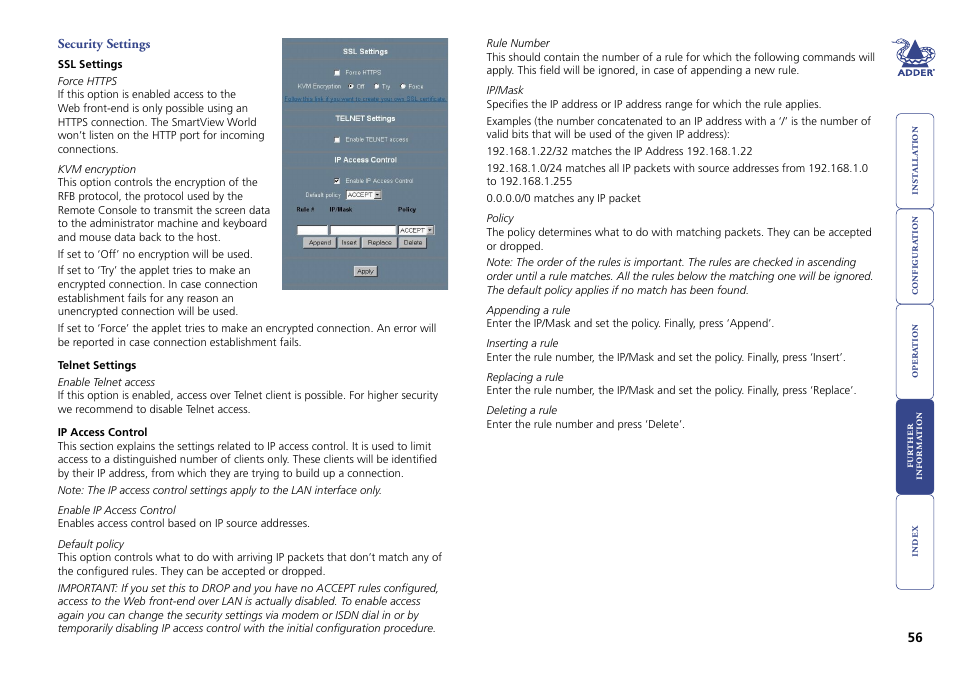 Security settings, In appendix 2 for | Adder Technology Switch User Manual | Page 57 / 70