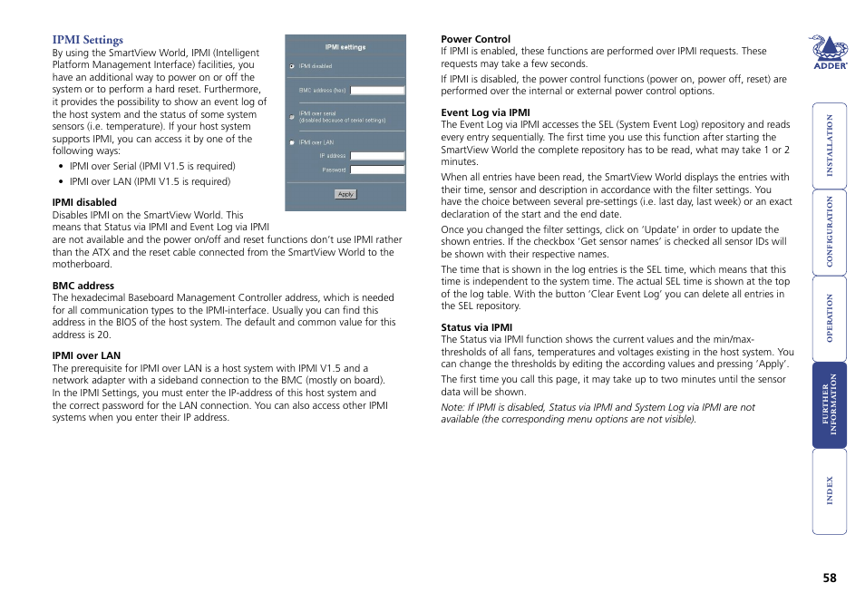 Ipmi settings | Adder Technology Switch User Manual | Page 59 / 70