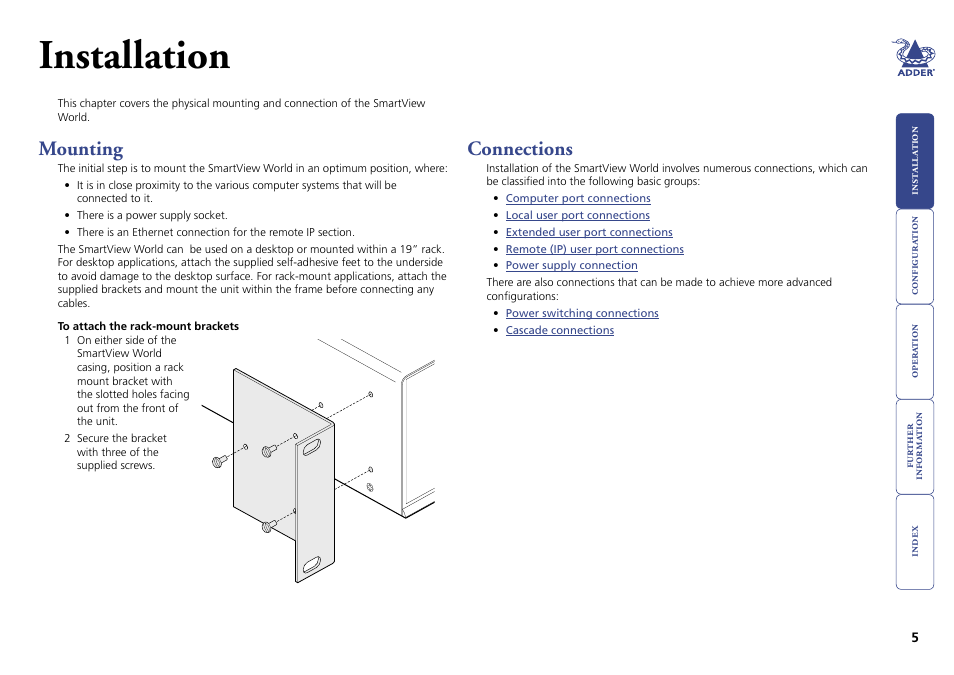 Installation, Mounting, Connections | 5 connections | Adder Technology Switch User Manual | Page 6 / 70