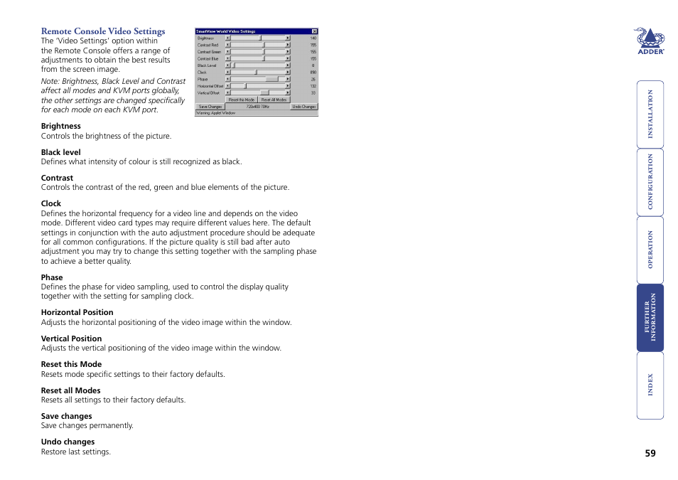 Remote console video settings | Adder Technology Switch User Manual | Page 60 / 70