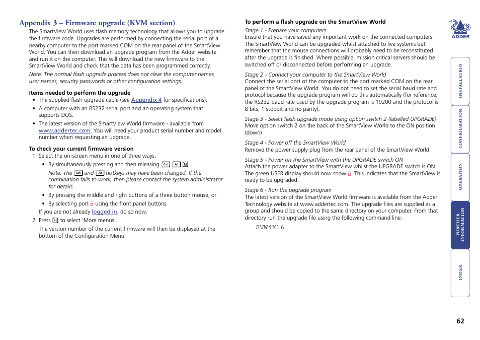 Appendix 3 – firmware upgrade (kvm section), Firmware upgrade | Adder Technology Switch User Manual | Page 63 / 70