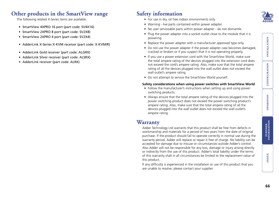 Other products in the smartview range, Safety information, Warranty | 66 safety information, 66 warranty | Adder Technology Switch User Manual | Page 67 / 70