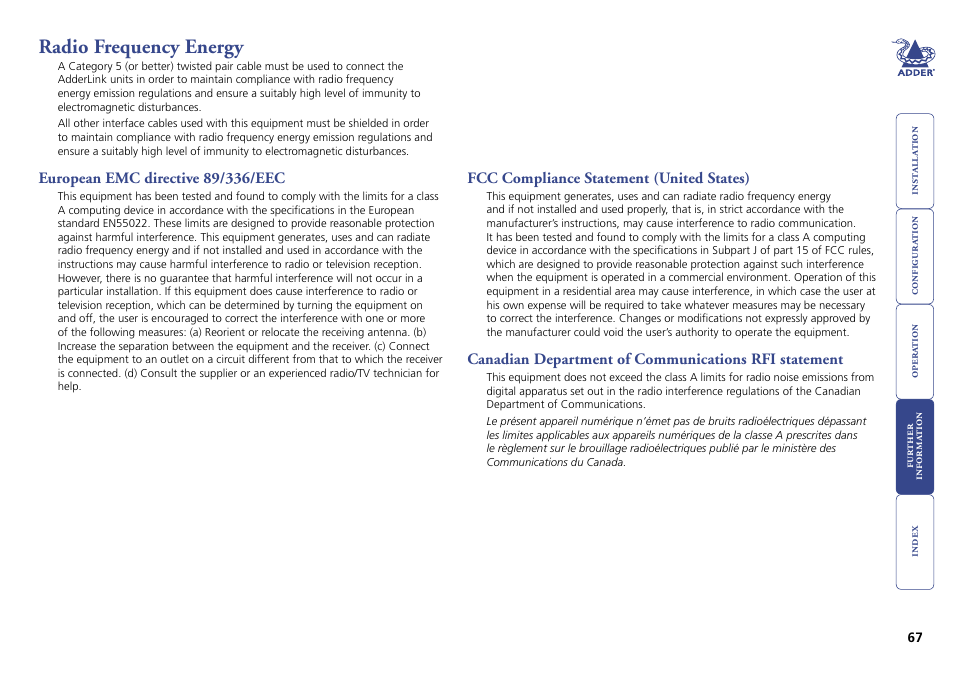 Radio frequency energy, Radio frequency energy statements | Adder Technology Switch User Manual | Page 68 / 70