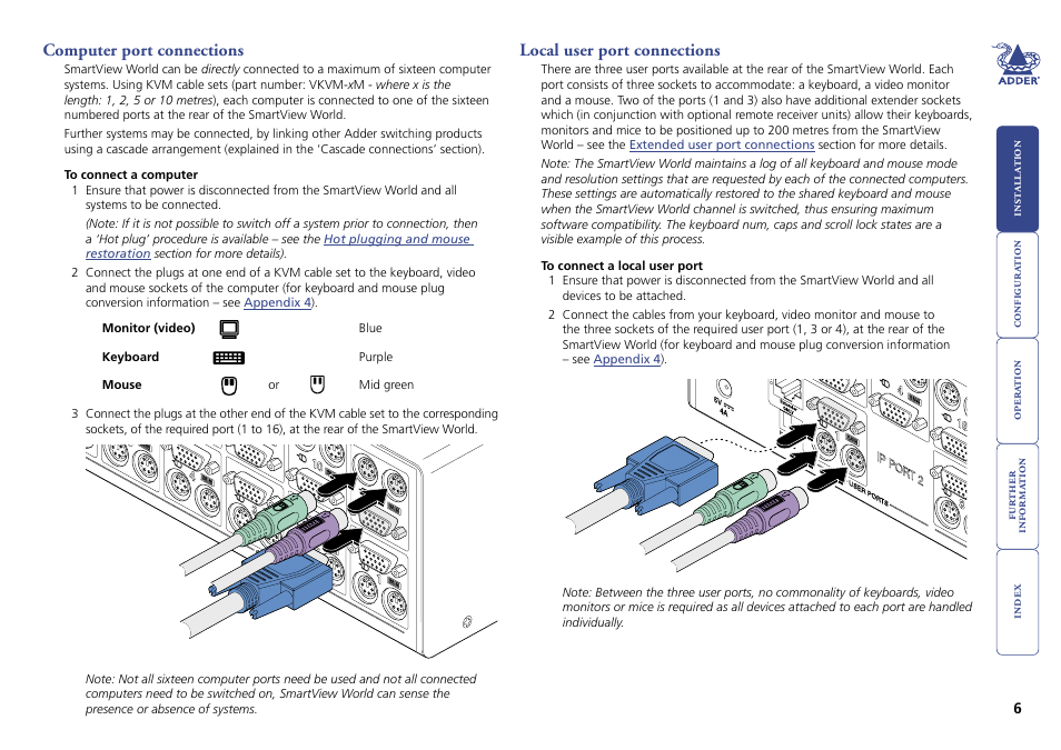 Computer port connections, Local user port connections, 6 local user port connections | Adder Technology Switch User Manual | Page 7 / 70