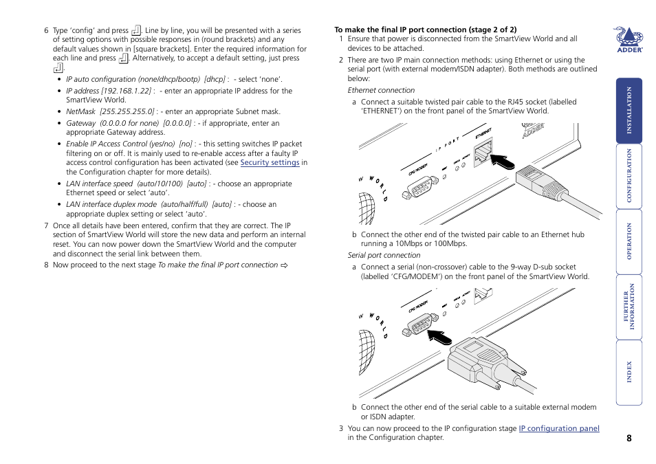 Final ip connection, To either the twisted pair ether | Adder Technology Switch User Manual | Page 9 / 70