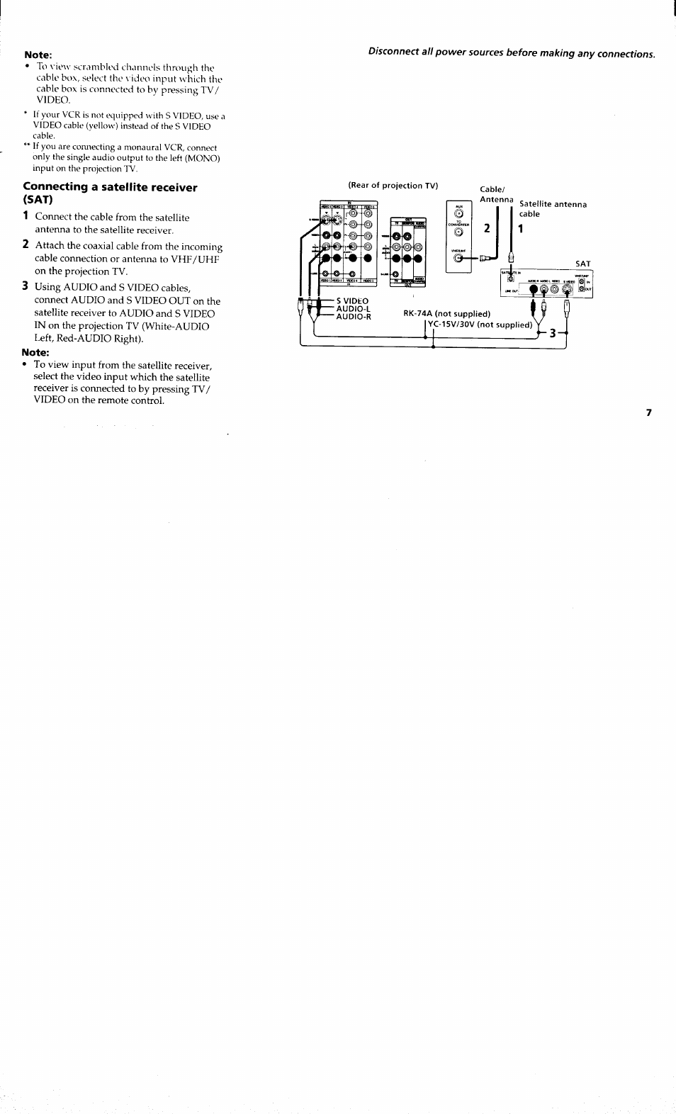 Note, Connecting a satellite receiver (sat) | Sony KP-48V80 User Manual | Page 11 / 62