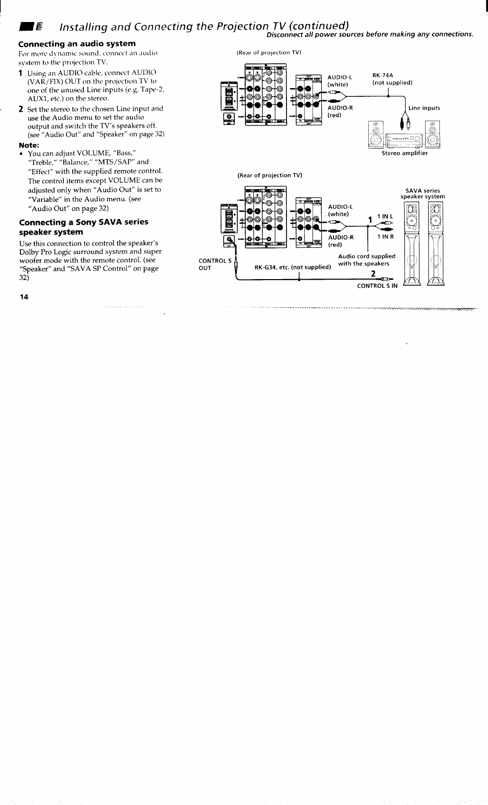 Connecting an audio system, Note, Connecting a sony sava series speaker system | Sony KP-48V80 User Manual | Page 18 / 62
