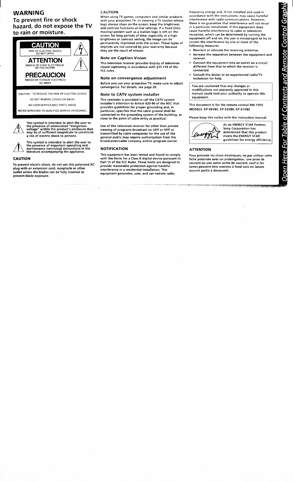 Warning, Caution, Attention | Precaucion | Sony KP-48V80 User Manual | Page 2 / 62