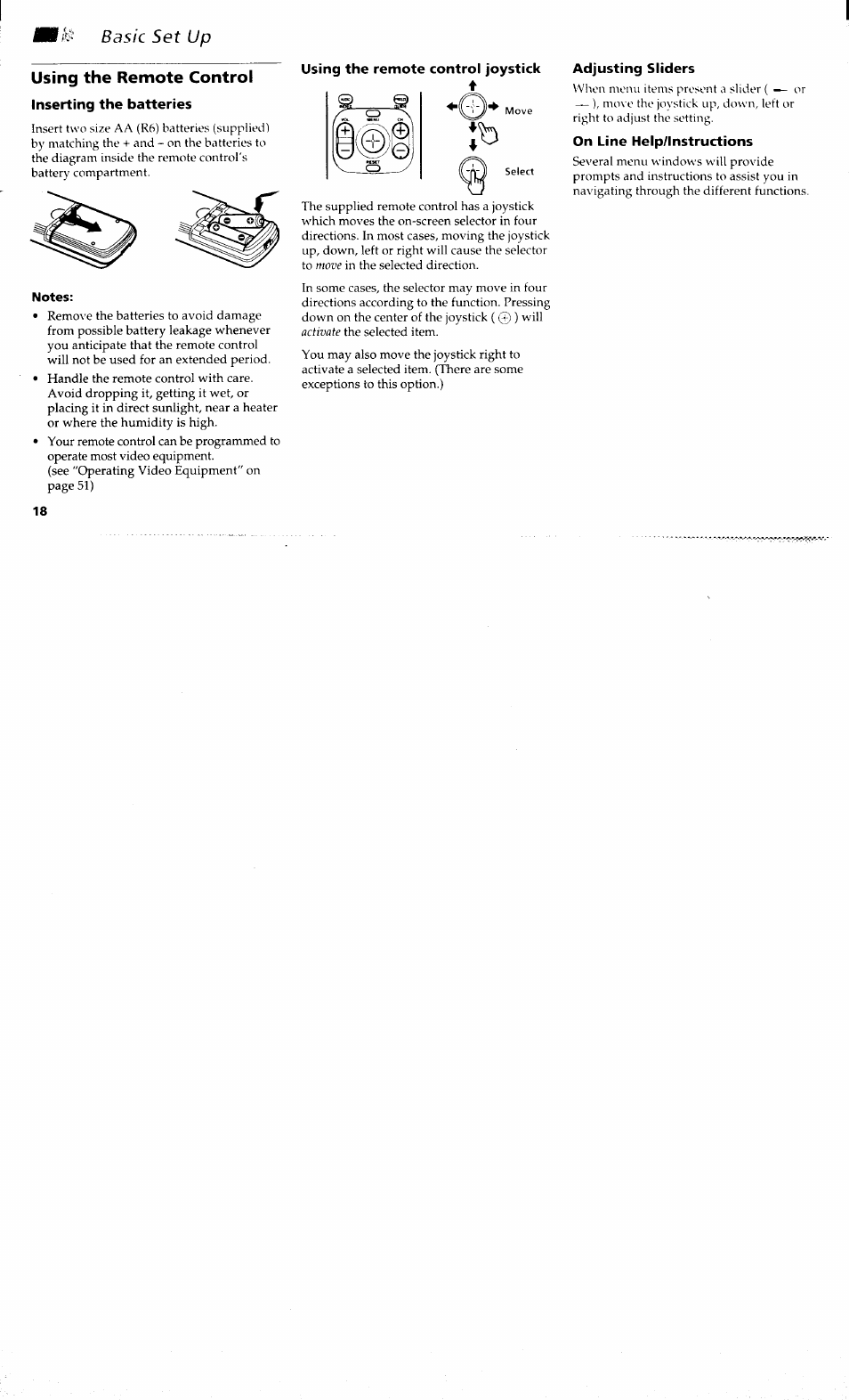 Using the remote control, Inserting the batteries, Using the remote control joystick | Notes, Adjusting sliders, On line help/lnstructions, Basic set up using the remote control | Sony KP-48V80 User Manual | Page 22 / 62