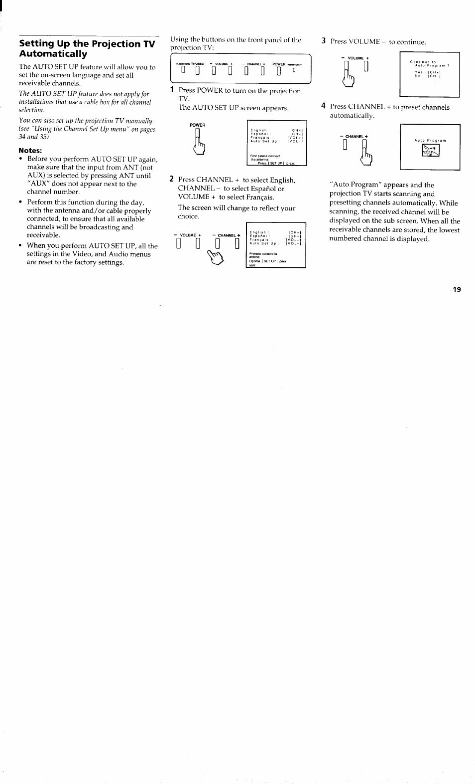 Setting up the projection tv automatically, Notes, D d d d | Sony KP-48V80 User Manual | Page 23 / 62