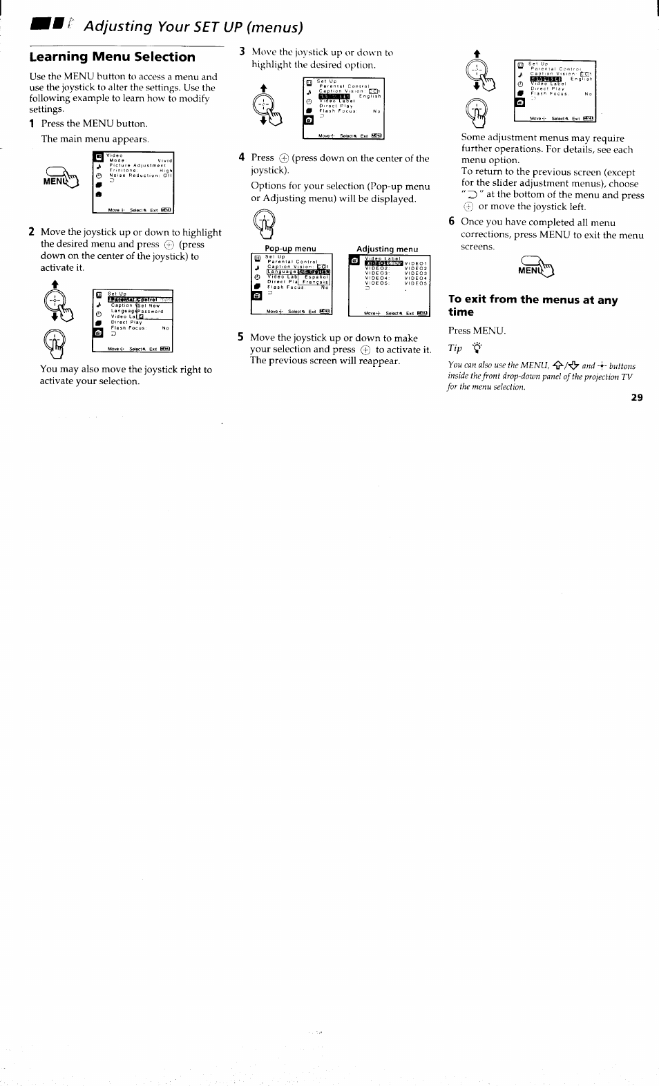 Learning menu selection, To exit from the menus at any time, Press the menu button. the main menu appears | Press menu | Sony KP-48V80 User Manual | Page 33 / 62