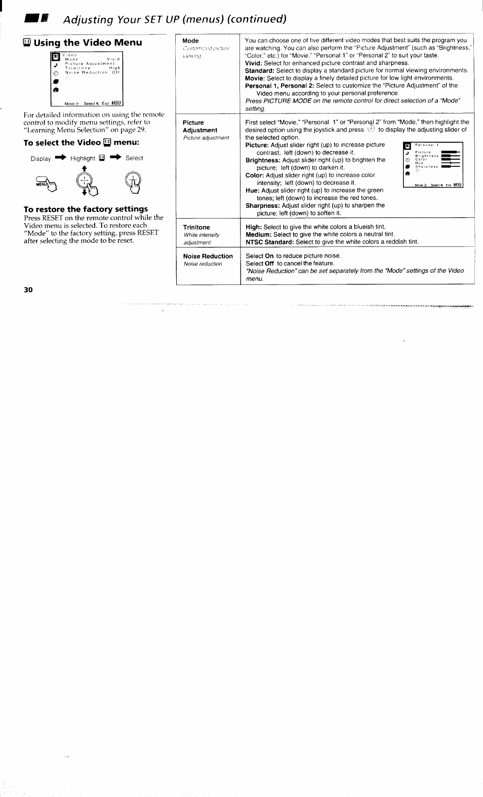 У using the video menu, To select the video y menu, To restore the factory settings | Q using the video menu | Sony KP-48V80 User Manual | Page 34 / 62