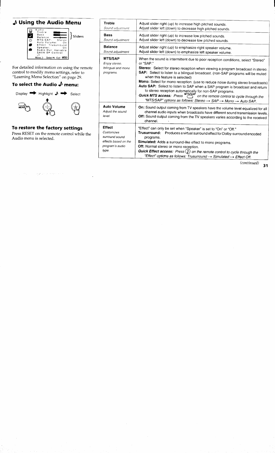 Using the audio menu, To select the audio menu, To restore the factory settings | Ji using the audio menu | Sony KP-48V80 User Manual | Page 35 / 62
