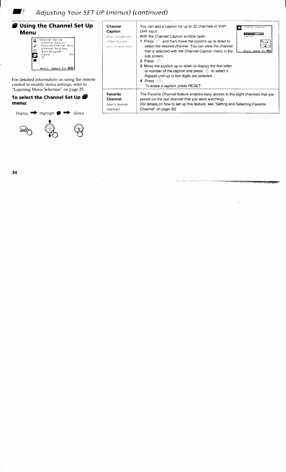 Using the channel set up menu, To select the channel set up 0 menu, Channel | Favorite | Sony KP-48V80 User Manual | Page 38 / 62