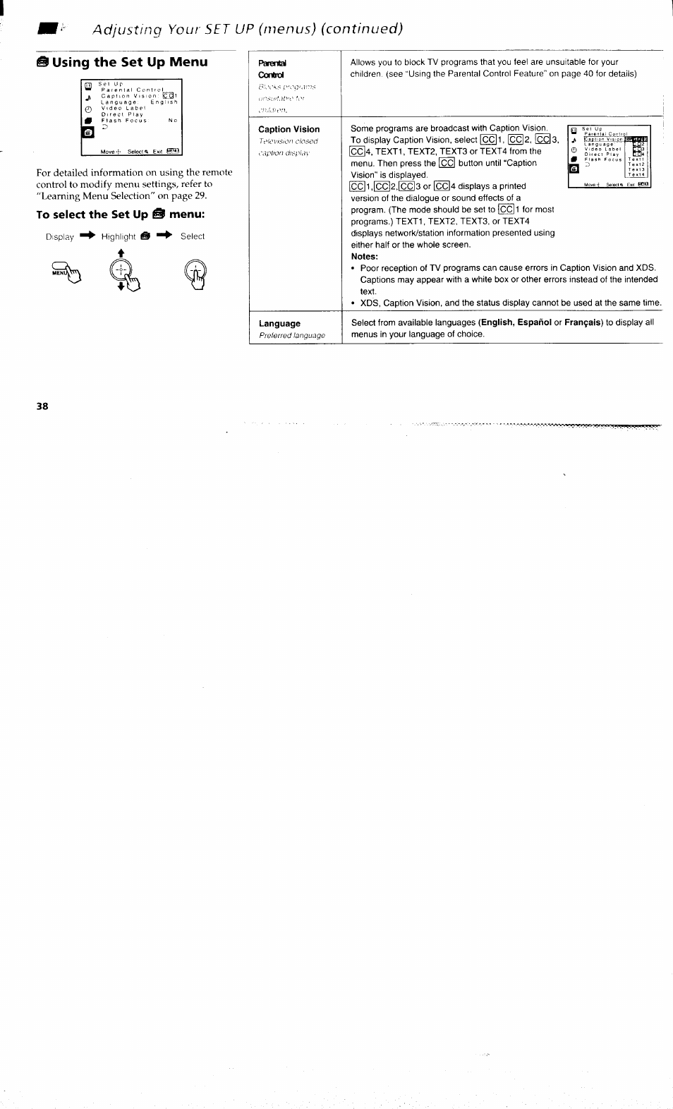 Using the set up menu, To select the set up © menu, Parental | Caption vision, Adjusting your set up (menus) (continued) | Sony KP-48V80 User Manual | Page 42 / 62