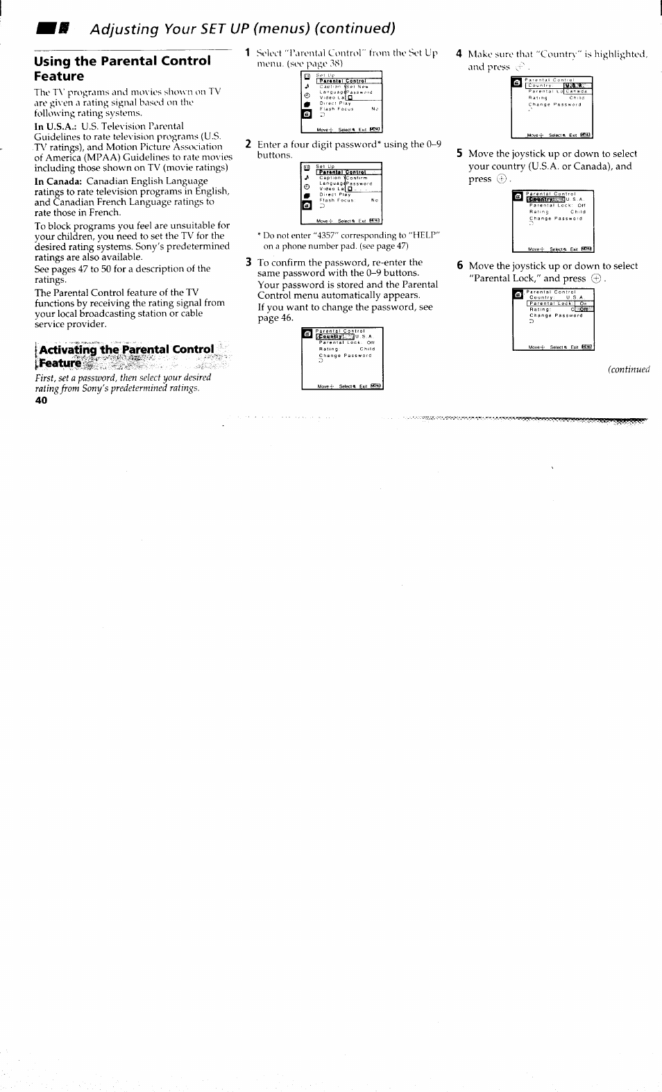 Using the parental control feature, Activating the parental control |:feature'w, Enter a four digit password* using the 0-9 buttons | Parental, Continued | Sony KP-48V80 User Manual | Page 44 / 62