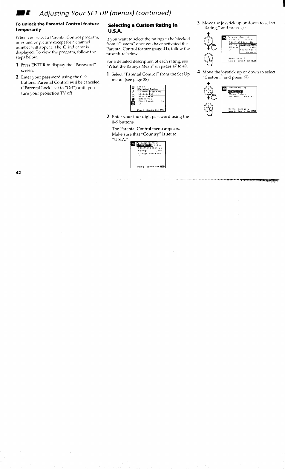 To unlock the parental control feature temporarily, Adjusting your set up (menus) (continued), Selecting a custom fiating in u.s.a | Sony KP-48V80 User Manual | Page 46 / 62