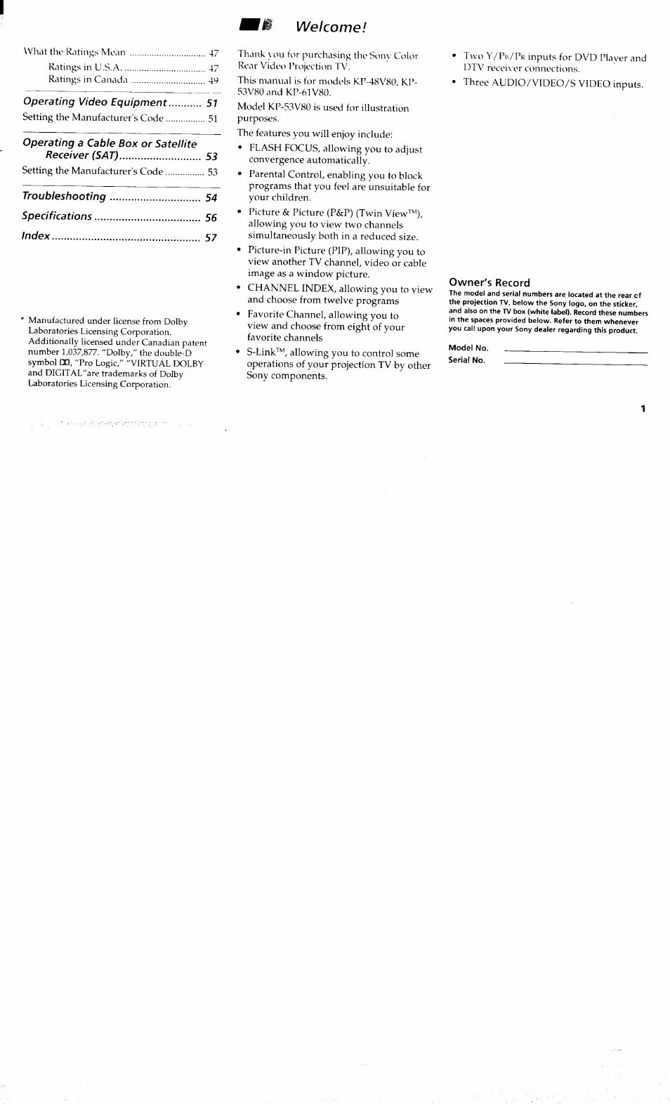 Welcome | Sony KP-48V80 User Manual | Page 5 / 62