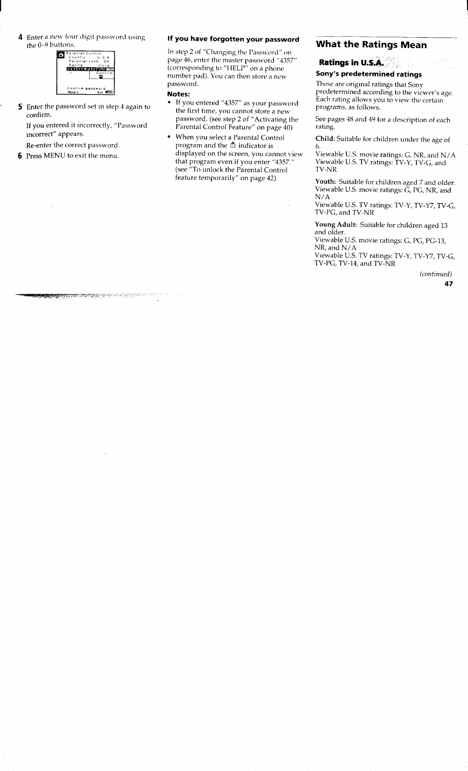 If you have forgotten your password, Notes, What the ratings mean | Sony's predetermined ratings, What the ratings mean ratings in u.s.a | Sony KP-48V80 User Manual | Page 51 / 62