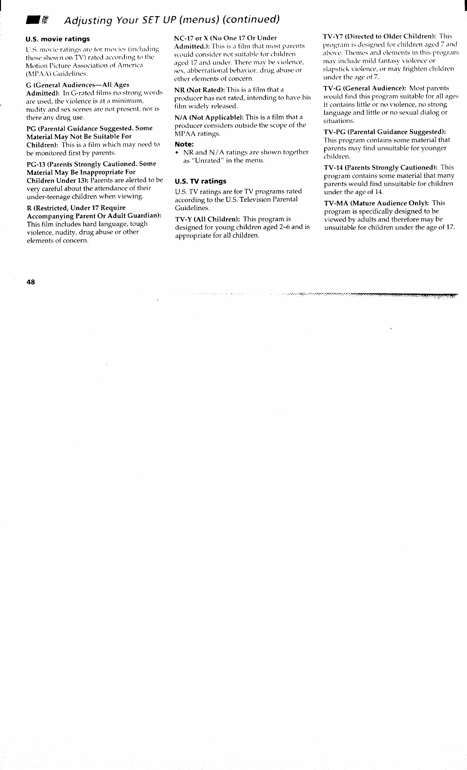 U.s. movie ratings, Note, U.s. tv ratings | Adjusting your set up (menus) (continued) | Sony KP-48V80 User Manual | Page 52 / 62