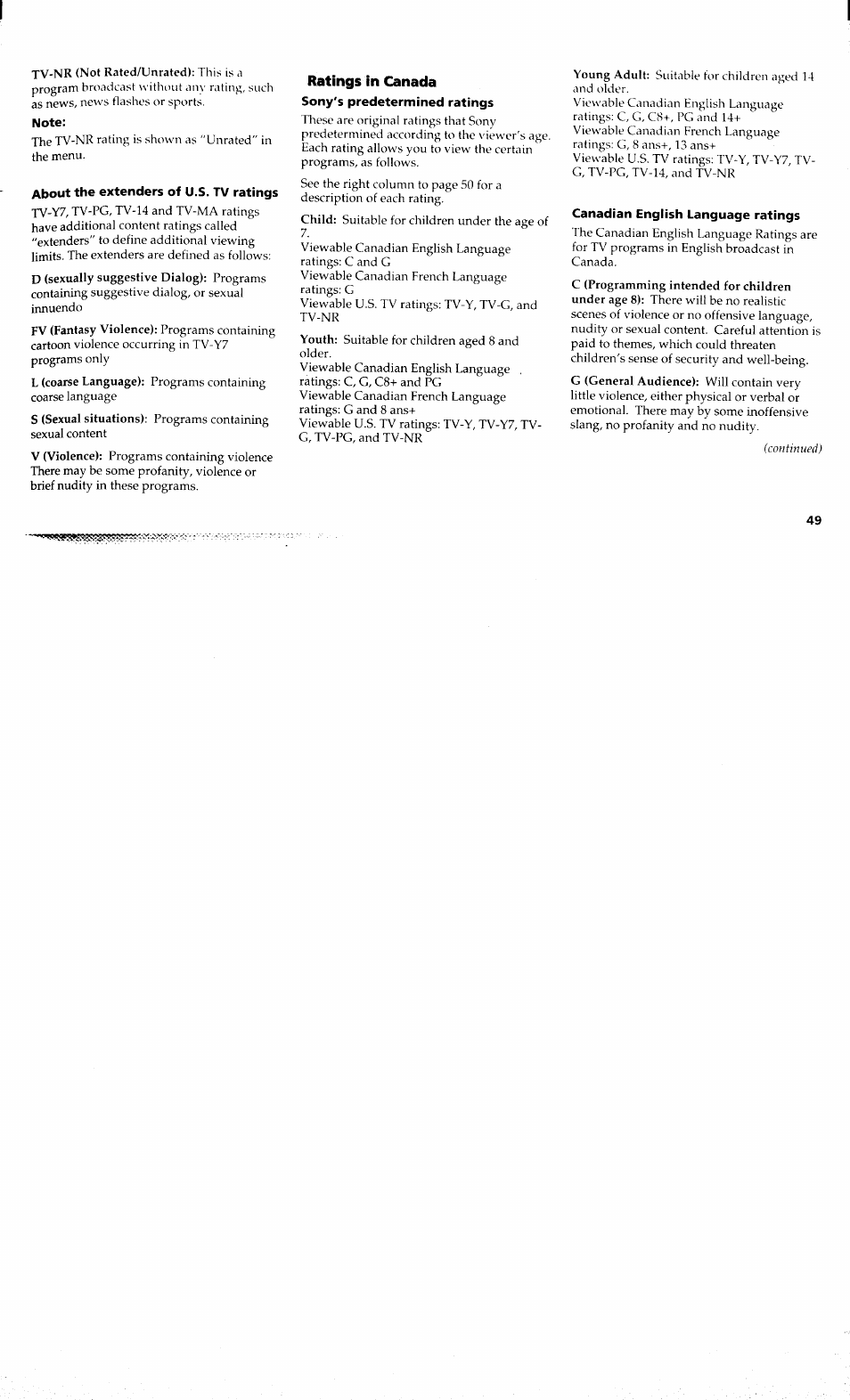 Note, About the extenders of u.s. tv ratings, Sony's predetermined ratings | Canadian english language ratings, Ratings in canada | Sony KP-48V80 User Manual | Page 53 / 62