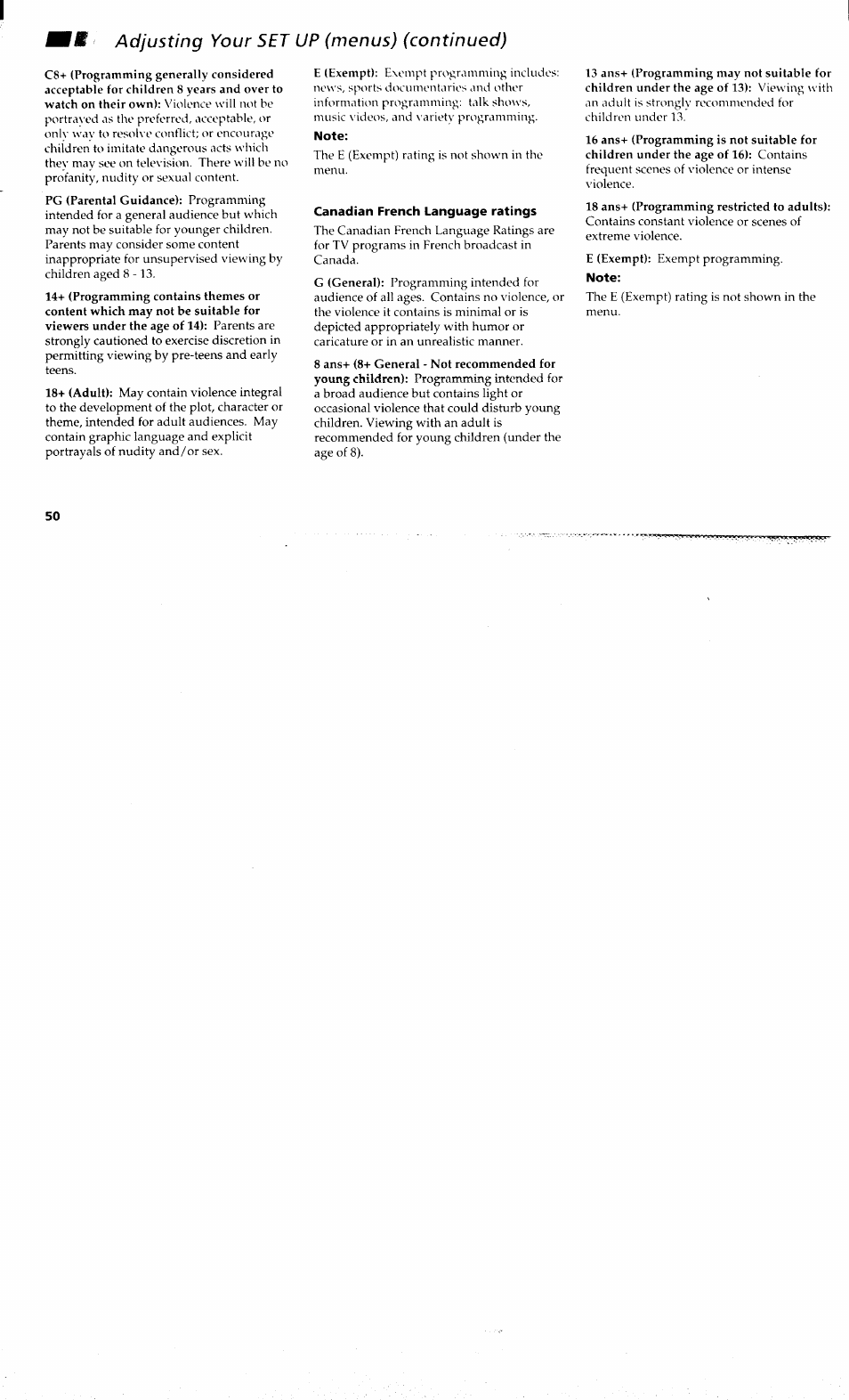 Note, Canadian french language ratings, 18 ans+ (programming restricted to adults) | Adjusting your set up (menus) (continued) | Sony KP-48V80 User Manual | Page 54 / 62