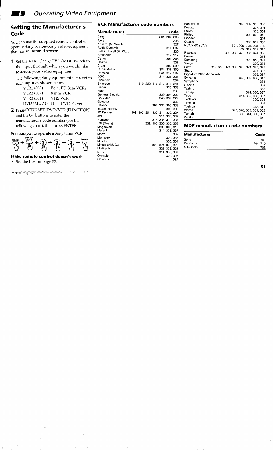 Ib : operating video equipment, Setting the manufacturer's code, Vcr manufacturer code numbers | If the remote control doesn't work, Operating video equipment, Mdp manufacturer code numbers | Sony KP-48V80 User Manual | Page 55 / 62