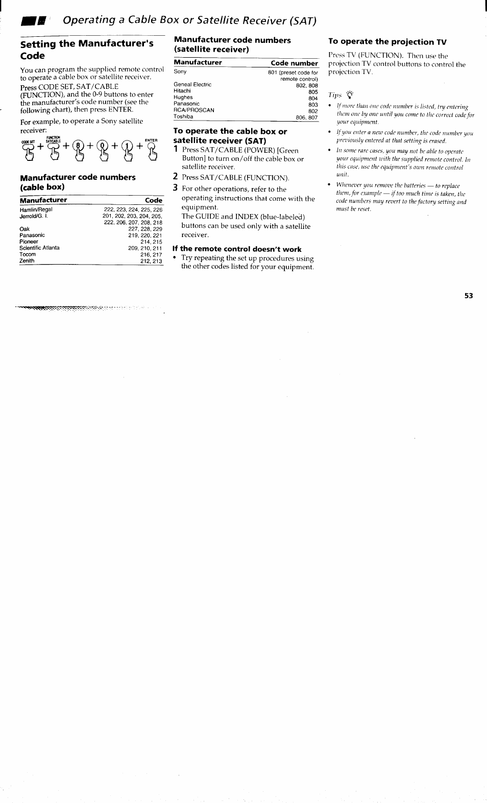 Setting the manufacturer's code, Manufacturer code numbers (cable box), Manufacturer code numbers (satellite receiver) | If the remote control doesn't work, To operate the projection tv, Operating a cable box or satellite, Receiver (sat) | Sony KP-48V80 User Manual | Page 57 / 62