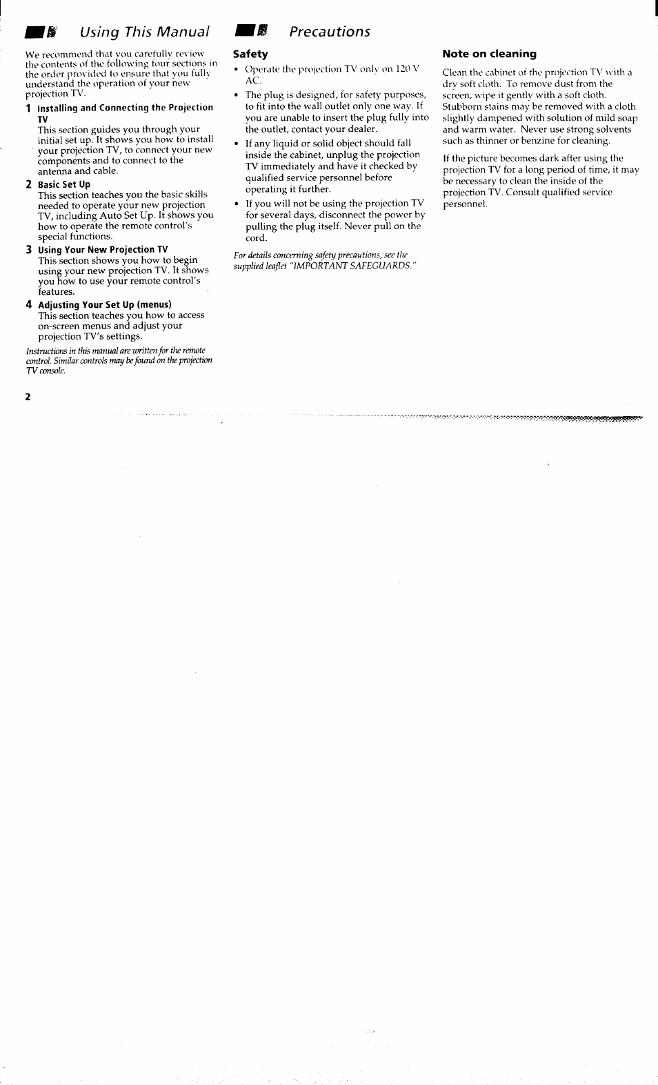 1 installing and connecting the projection tv, 2 basic set up, 3 using your new projection tv | 4 adjusting your set up (menus), Safety, Note on cleaning, Carrying your projection tv, Basic set up, Using this manual precautions | Sony KP-48V80 User Manual | Page 6 / 62