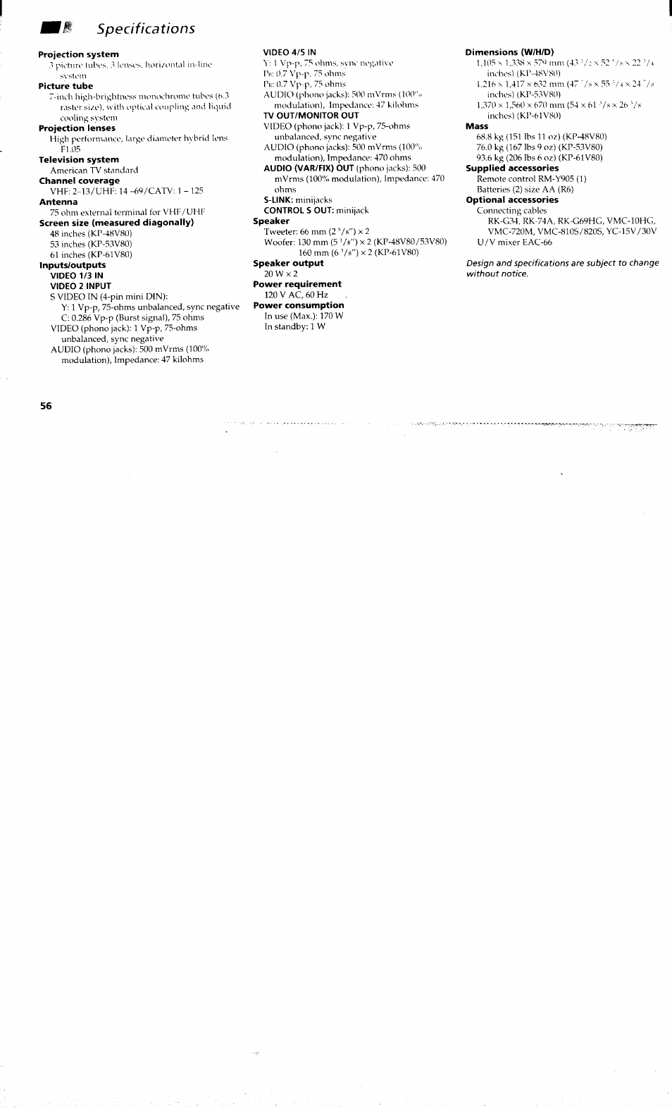 Specifications | Sony KP-48V80 User Manual | Page 60 / 62