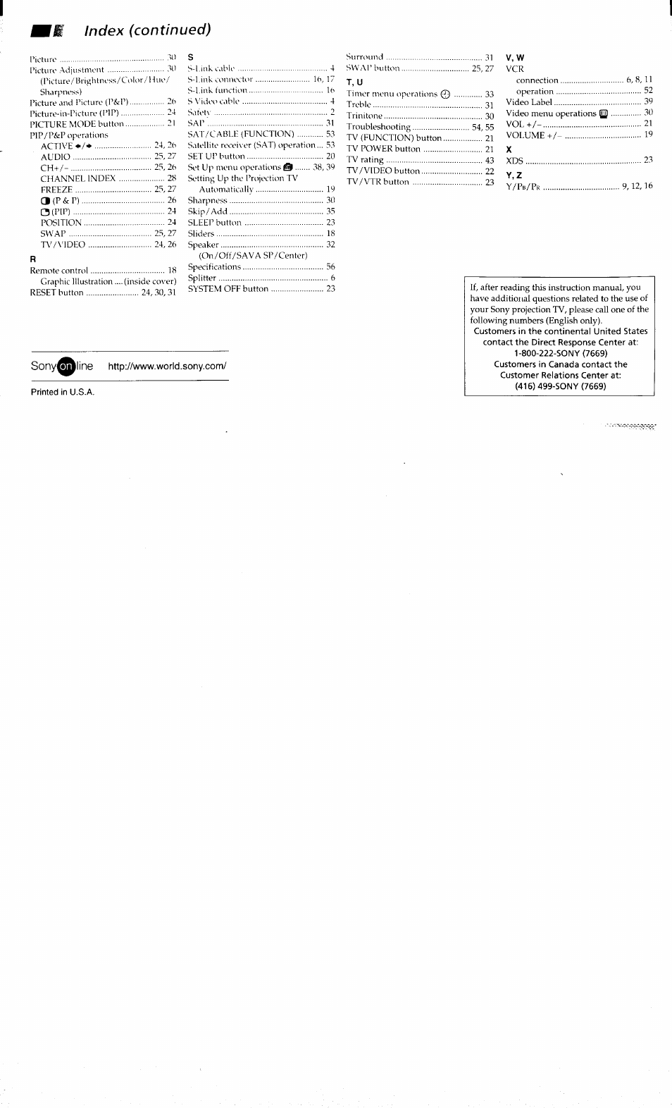 Index (continued), T, u | Sony KP-48V80 User Manual | Page 62 / 62