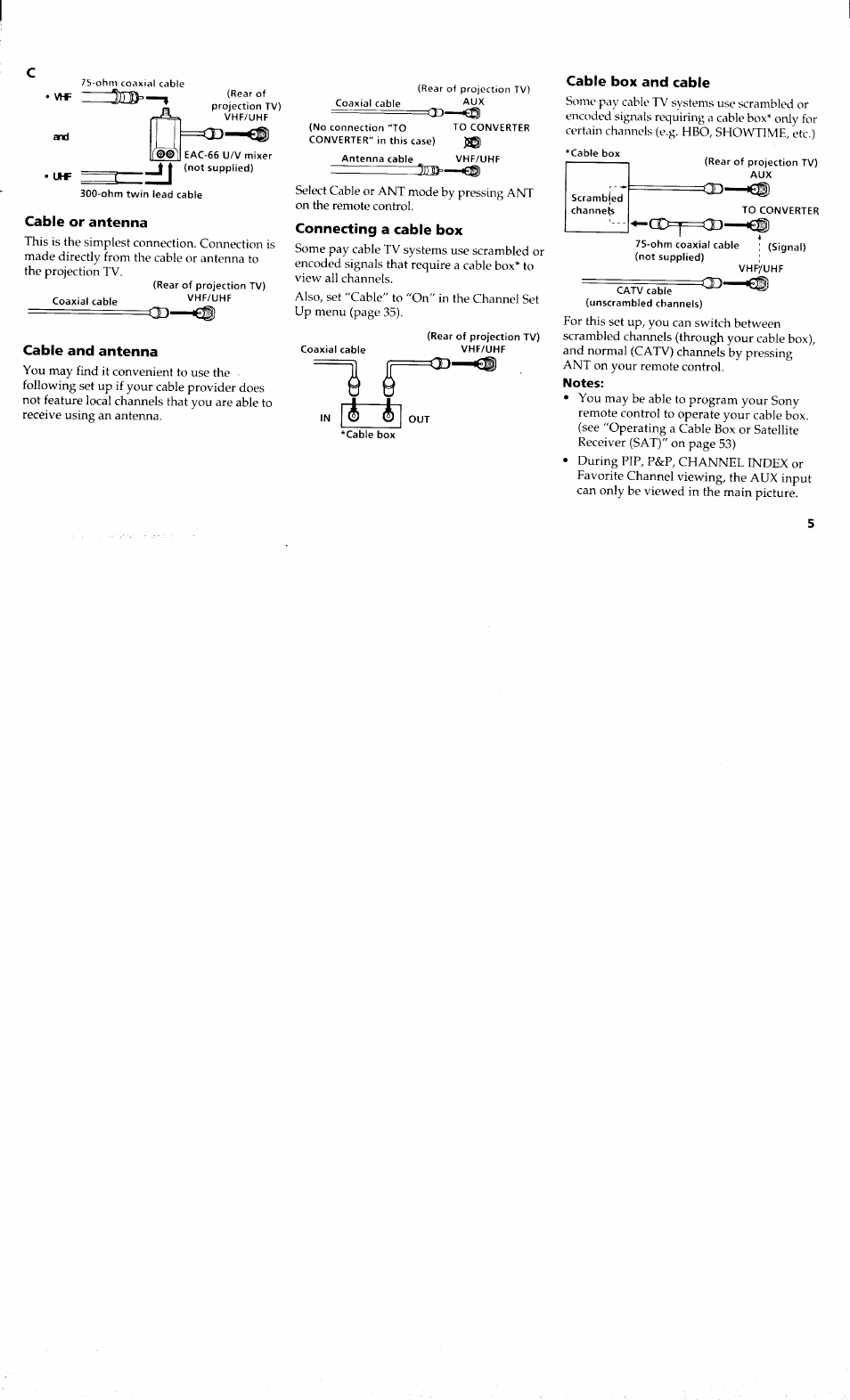 Cable or antenna, Cable and antenna, Connecting a cable box | Cable box and cable, Notes | Sony KP-48V80 User Manual | Page 9 / 62