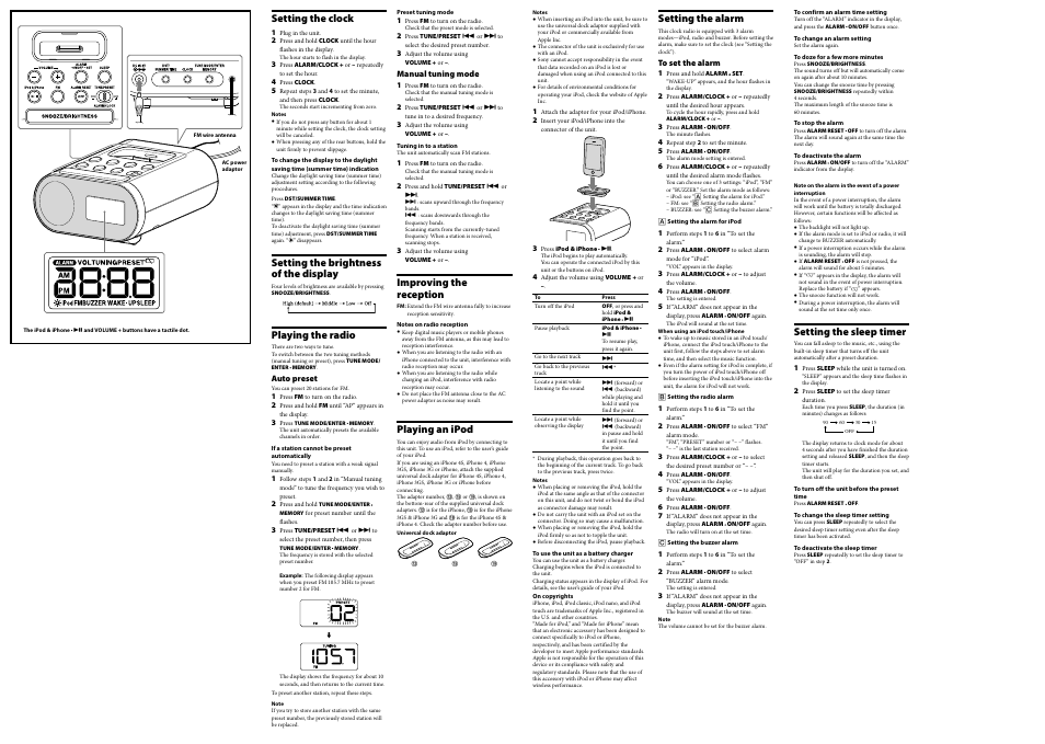 Setting the clock, Setting the brightness of the display, Playing the radio | Improving the reception, Playing an ipod, Setting the alarm, Setting the sleep timer | Sony ICF-C05iPBLK User Manual | Page 2 / 2